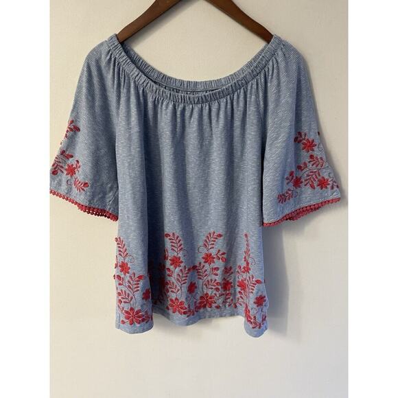 Talbots Off The Shoulder Embroidered Tunic Top Size Large Blue Red Peasant Boho - Picture 1 of 9